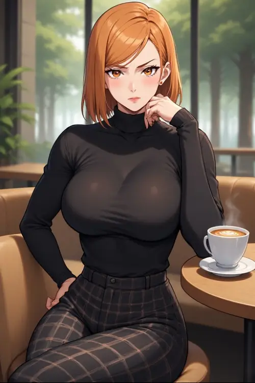 Jujutsu Kaisen — Nobara Kugisaki — Painterly Anime Artwork — Stylish Cafe Portrait with Cinematic Elegance